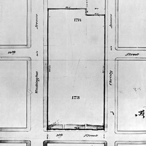 A map showing 482 feet of land on Washington Avenue and 462 feet along Lucas Avenue (then known as Christy Avenue), owned by ϲʿѯ. The width of the property was 225 feet on Ninth Street.